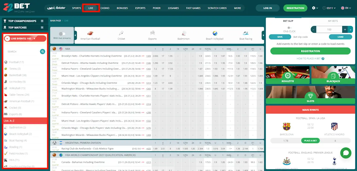 22Bet Live Betting Screenshot